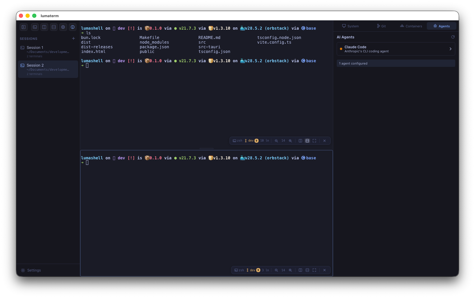 LumaTerm AI agents panel
