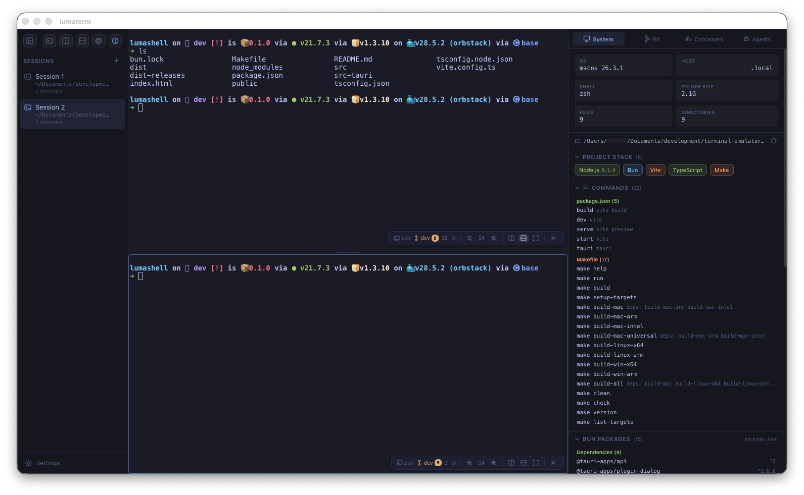 LumaTerm split panes